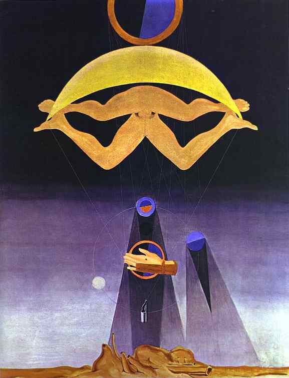 Ernst. Of This Men Shall Know Nothing. Tate: ''At the top of the painting there is a mysterious 'sun'. From it rays descend to circling astral bodies - 'the earth' (covered by a disembodied hand) with attendant planets. Above, the lower halves of a man and woman copulate in space. An upturned 'crescent moon'/'parachute' supports a 'little whistle'. From an arid desert of viscera and stones rise two strange protuberances, strongly suggestive of ambi-sexual phalli. All this takes on a distinctly Freudian character.  Ernst had studied philosophy and psychology at the University of Bonn from 1909 to 1914. In 1913 he had read Freud's The Interpretation of Dreams and Wit and its Relation to the Unconscious and took so much interest in these subjects that he wanted at one time to be a psychiatrist. André Breton, whom he first met in 1921, had also long been interested in psychoanalysis: he had been a medical student from 1913 at the Sorbonne and in the First World War had served from 1915 as a medical assistant, first at the neurological centre in Nantes and then from 1917 at the psychiatric centre at Saint-Dizier. 