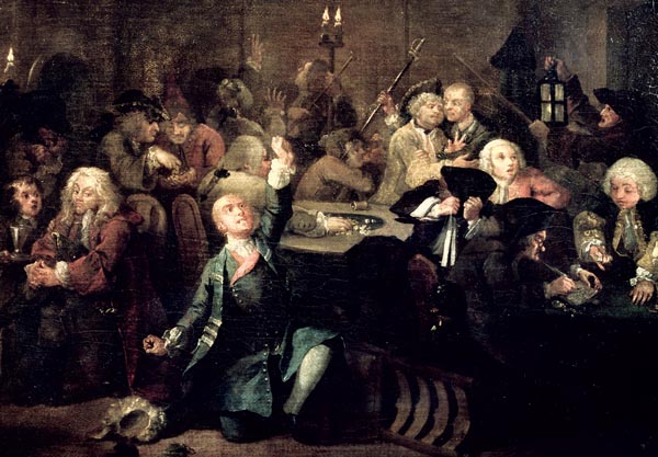 ''Hogarth’s series The Rake’s Progress tours the shadowy corners of a vicious life—vicious in its eighteenth-century meaning of being addicted to vice—including this scene at the gaming tables, where the young rake seems possessed by a gambling fever.''