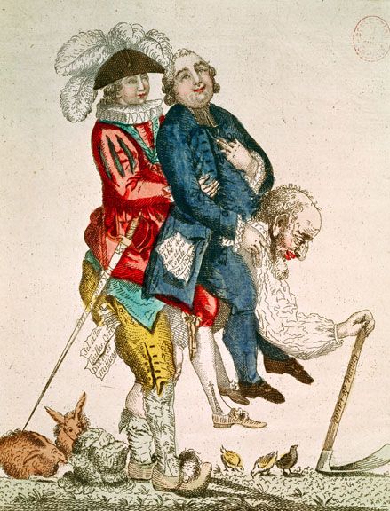 The First and Second Estate (nobles and clergy) ride on the back of the Third,the peasants. Cartoon 1789.