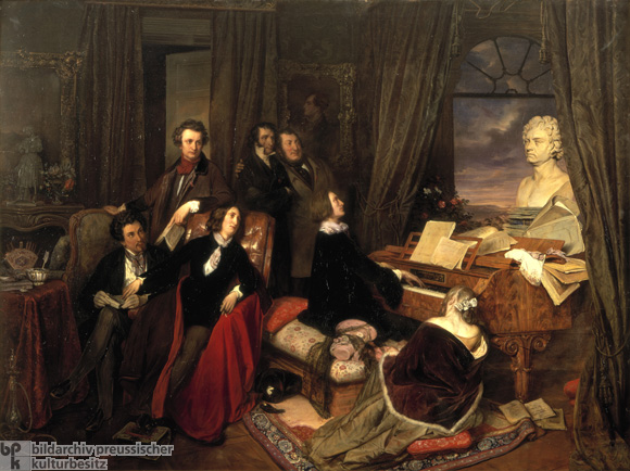 Franz Liszt (1811-1886), Hungarian composer and pianist, plays for Alexander Dumas (the Elder), Aurore Dupin (George Sand), and the Countess Marie d'Agoult (all seated), Hector Berlioz, Niccolò Paganini,....