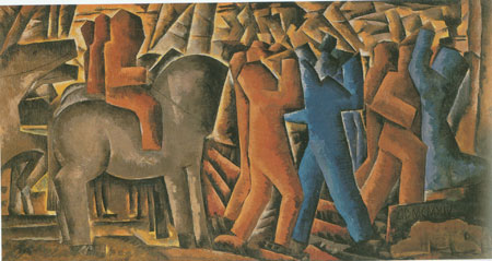 Man Ray. War 1914.''But we see a different painting, one that depicts an army of faceless red people who are riding horses and attacking an army of faceless blue people on foot; the latter appear to be out-numbered and on the verge of defeat. Completed at the beginning of World War I, this painting seems to be a prediction or perhaps an allegory. But what do "red" and "blue" stand for here? Whose colors are they? Like a dream, this painting cries out for interpretation. At the bottom right, underneath the block that bears the portentous date AD MCMXIV, a small child-sized figure is curled up on its side. The child isn't dead: it's sleeping! And what is being dreamed? Perhaps that one day we will wake up from the nightmare of war.''