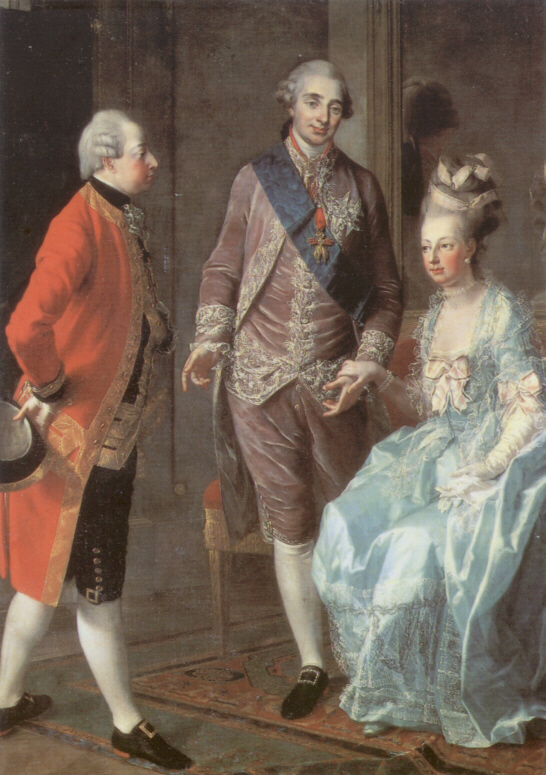 Joseph Hauzinger, 1775/77, Kunsthistorisches Museum, Vienna.  Marie Antoinette, the Archduke Maximilian and Louis XVI. This painting recalls the visit that Maximilian pay to her sister between 1775 and 1777, at the age of 17, at Versailles, in the false name of Prince Burgau: as a matter of fact the young Archduke was criticized by the French court because he was always indifferent and boring.