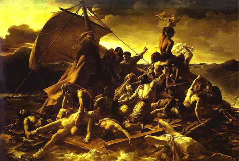 Géricault (1791-1824) revolutionized the depiction of real events, taking for his subject a scandal only a few years old and "romanticizing" it. While the painter visited hospitals and morgues to study the moribund and cadavers, the figures on the raft here hardly look as though they have just suffered through dehydration, starvation, cannibalism and madness. They are muscular. Some are beautiful.