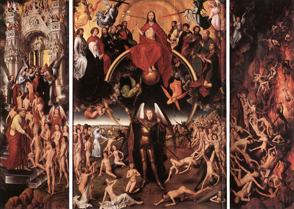 Although known to be an early work, this triptych is Memling's most monumental composition and one of his plastically most accomplished. A perfectly symmetrical, semi-circular line of bodies runs through the continuous space of all three panels, with the calm upward movement of the Reception of the Righteous into Heaven balanced by the turbulent Casting of the Damned into Hell on the opposite side. Although it was one of Memling's first creations in Bruges, it already displays impressive mastery. The work was commissioned by Angelo Tani (1415-1492), the Florentine manager of the Medici bank in Bruges, for the altar of his newly founded chapel in the church of the Badia Fiesolana in Florence.