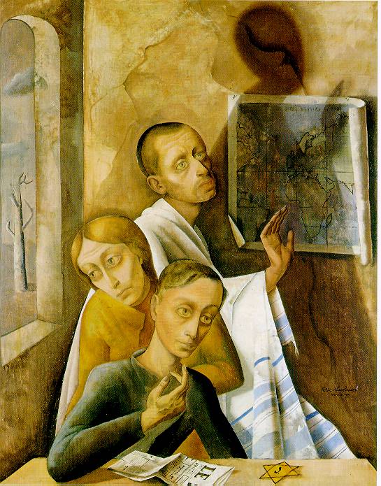 ''Threesome (1944), by Felix Nussbaum (1904-1944). Oil/Canvas, 100x80cm In Threesome, painted in January 1944, Nussbaum portrays himself as a pious Jew in  hiding with his wife Felka and his son Jaqui. The triangular composition is reminiscent  of renaissance sacral art. The painter identifies himself fully with the religion to which he was thrown back as a result of the persecution by National Socialism, whereas his  wife merely endures the situation. Felix Nussbaum describes here in one of his last pictures  the situation of all those persecuted which lies somewhere between  fear of death and vague hope. ''
