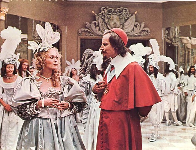 ( Charleton Heston ) ''His best scene is the one between him and Faye Dunaway as Milady de Winter.  Milady has just declared her intention to get her revenge upon D'Artagnan and Heston's Richelieu cannot hide his disgust---not at her wish to kill the young musketeer, at her very unprofessional emotion.  His only interest in her is as a professional spy and assassin and she's insisting that he see her as a human being and to great men like Richelieu mere human beings are of no use or importance.''