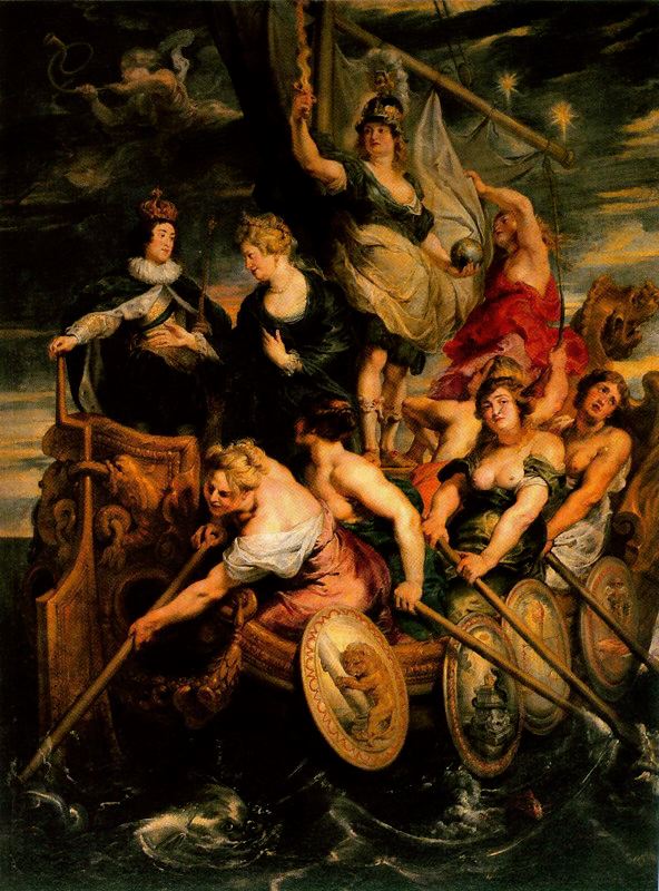 The Majority of Louis XIII. 1623-25. The French ship of state, as Rubens conceived it, fairly pulsates with feminine energy. The craft is powered by four husky oarswomen, and is piloted by the torch bearing figure of France herself. At left, a youthful Louis XIII takes the tiller from his mother, Marie de Medicis. 