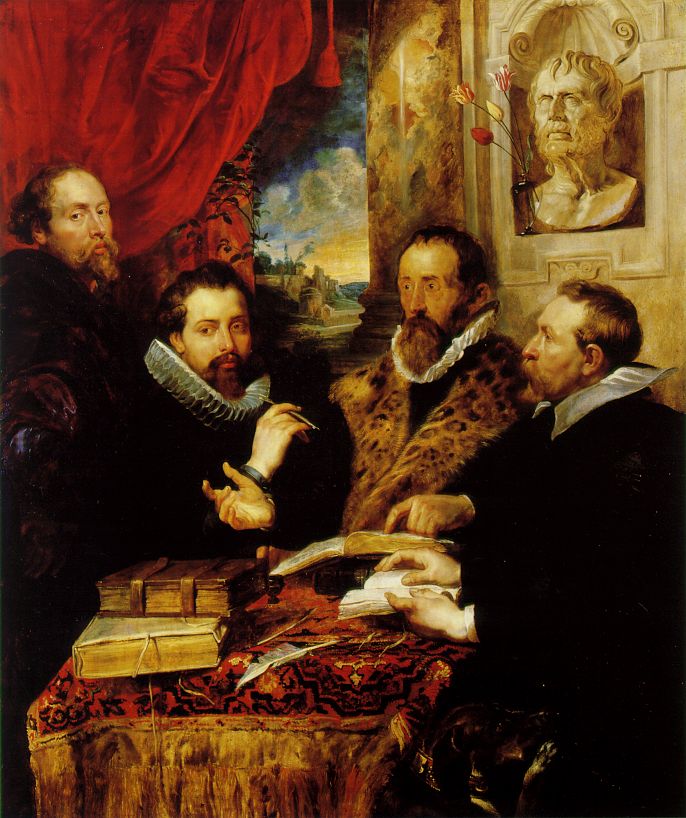 " Portraits, including those in seventeenth-century Antwerp, were not just a mirror of the dominant ethical ideas of the time. They could also, in an equally subtle way, illustrate someone's intellectual role and significance. The group portrait known as the Four Philosophers, which shows Rubens with three humanists, his brother Philip, Johannes Woverius and the teacher of both of them, Justus Lipsius is a typical example. Emblematic details make it clear that Rubens has shown himself with the three humanists in order to express the underlying moral principles of Stoic philosophy, which were also those of the influential Lipsius and the other sitters. They are shown gathered together in homage to Seneca, one of the classical exponents of Stoicism, here represented by his bust. Finally, the ruins of the Palatine in the background show that the picture also pays homage to classical culture in the widest sense, symbolizing the resurrection in their own time of the departed glory of Hellenistic-Roman antiquity."