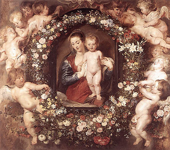 "Religious flower still-lifes are a special category, first developed by the Fleming Daniel Seghers, a pupil of Jan Brueghel the Elder. However, this can be traced back to Rubens's Madonna in Floral Wreath (with the collaboration of Jan Brueghel the Elder). This represents a picture within a picture with an authoritative religious significance, encircled by a floral arrangement and cherubs. Unlike Seghers, however, Rubens did not quote Mary and Jesus as historical traditions or pictorial relics. Instead he preferred to give the impression that they were physically present, even though the motif of a picture within a picture would have been ideally suited for illusionist stylization."
