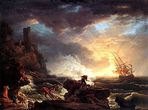 This is “Shipwreck” by Claude Joseph Vernet, from 1759, at the Groeninge Museum in Bruges, with a detail below. Vernet (1714-89) packed his kit at age 14, said so long to his father, a decorative painter, and headed for Rome. Between Marseilles and the Eternal City, though, the undulating waters convinced him that he belonged with the tide, and he signed up for lessons with the marine painter Bernardino Fergioni.