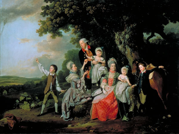 Zoffany. The Bradshaw Family. ''...art history and visual culture more fully with the visceral spaces of gendered and racialized subjectivities, by focusing on an involuntary bodily performance, the blush. Towards the end of the eighteenth century British artists in particular represented their female sitters with pale, white skin and strikingly flushed cheeks. What did the blush as a corporeal eruption mean in a culture where the circulation and mixing of blood was a cause of great anxiety? The essay suggests that far from being just a marker of beauty or virtue, blushing cheeks of the so-called British Fair also came to signal racially. The gendered concept of whiteness that became legible in the depiction of European woman's blushing skin will here be seen as both an expression of anxieties about racial purity and a means by which the English formulated ideals of femininity and nationhood.  ''
