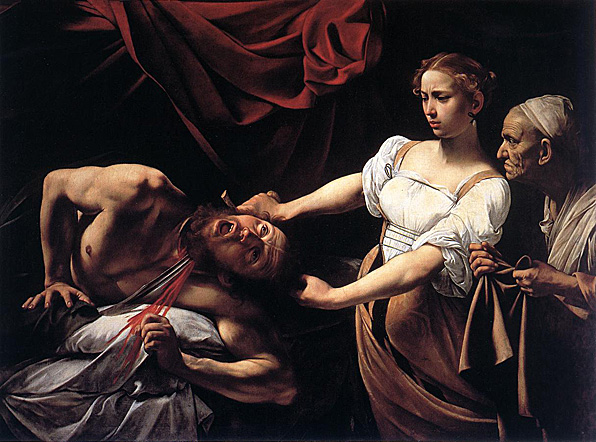 "A whole book in some versions of the Bible is devoted to Judith, because as a woman she embodies the power of the people of Israel to defeat the enemy, though superior in numbers, by means of cunning and courage. She seeks out Holofernes in his tent, makes him drunk, then beheads him. The sight of their commander's bloodstained head on the battlements of Bethulia puts the enemy to flight.  In the painting, Judith comes in with her maid - surprisingly and menacingly - from the right, against the direction of reading the picture. The general is lying naked on a white sheet. Paradoxically, his bed is distinguished by a magnificent red curtain, whose color crowns the act of murder as well as the heroine's triumph.  The first instance in which Caravaggio would chose such a highly dramatic subject, the Judith is an expression of an allegorical-moral contest in which Virtue overcomes Evil. In contrast to the elegant and distant beauty of the vexed Judith, the ferocity of the scene is concentrated in the inhuman scream and the body spasm of the giant Holofernes. Caravaggio has managed to render, with exceptional efficacy, the most dreaded moment in a man's life: the passage from life to death. The upturned eyes of Holofernes indicate that he is not alive any more, yet signs of life still persist in the screaming mouth, the contracting body and the hand that still grips at the bed. The original bare breasts of Judith, which suggest that she has just left the bed, were later covered by the semi-transparent blouse."