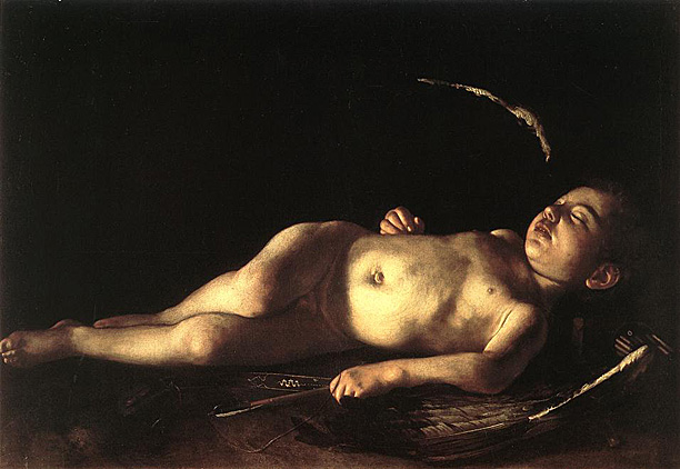 "Unlike many of Caravaggio's works, it can be dated accurately. It was commissioned for Fra Francesco dell'Antella, Florentiner Secretary for Italy to Alof de Wignacourt, Grand Master of the Knights of Malta, and an old inscription on the back records that it was painted in Malta in 1608.  The subject of a sleeping Cupid, bowstring broken and arrows cast aside, usually signifies the abandonment of worldly pleasures, and dell'Antella may have commissioned it as a reminder of his vow of chastity."