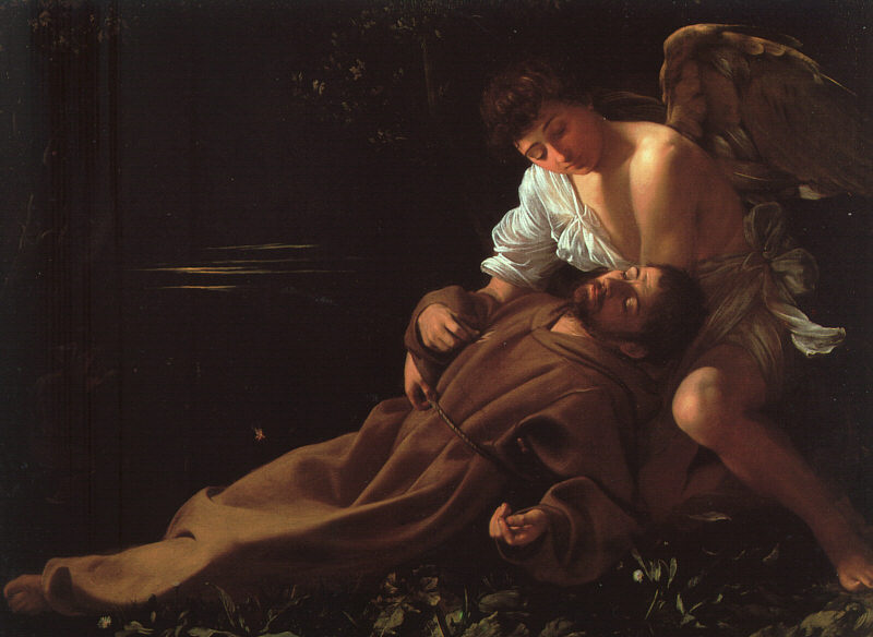 "Caravaggio paints a typically luscious boy who just happens to have a pair of wings stuck to his back cradling a swooning saint in St Francis in Ecstasy. Ecstasy as a theme isn’t unknown in religious art, of course, but Renaissance painters usually showed St Theresa doing the fainting. Caravaggio was following a different muse." This was Caravaggio's first religious painting. Such a contrast of light and shadow, "chiaroscuro" became a hallmark of Caravaggio's mature work, and an important source of dramatic power. 