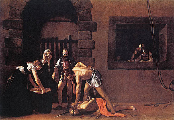 The Beheading of Saint John the Baptist. 1608. In the dank gloom of a prison, the saint has just been murdered  and Salome reaches down for his head.  Caravaggio daringly threw the composition off balance, concentrating the figures, and the light that illuminates them, on one side of the canvas. 