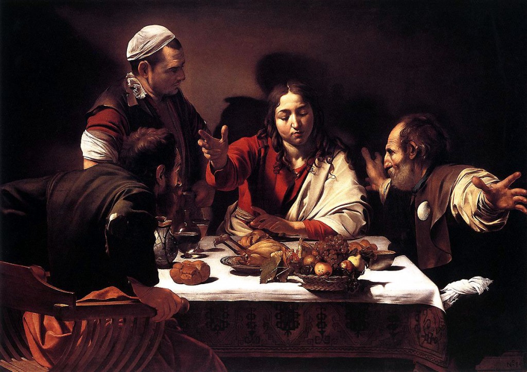 Caravaggio. Supper at Emmaus. London. "Caravaggio involves us in the Emmaus scene through what Walter Friedlaender calls ‘realistic mysticism’. Friedlaender argues that Caravaggio’s religious depictions were of a piece with the religious movements of his day. The popular emphasis that Caravaggio’s contemporary Philip Neri and the Oratorians gave to the Exercises of St Ignatius, along with the reforms introduced by the newly established religious congregations of the Barnabites and the Theatines, awakened ‘a simplicity of faith and a mystic devotion which gave each individual a direct and earthly contact with God and His Mysteries..."