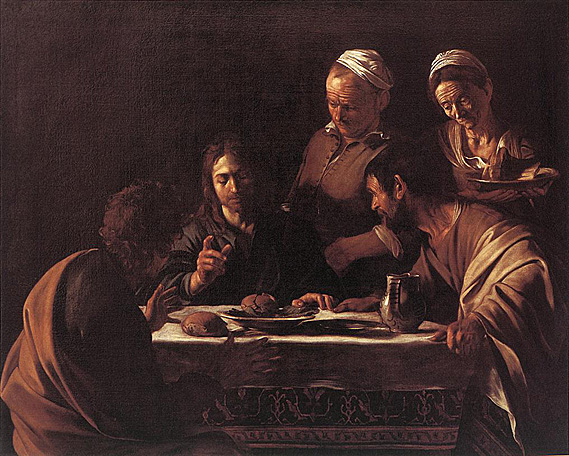 Supper at Emmaus 1606. Milan. "This second Supper at Emmaus was painted five years after the first, and just after Caravaggio had killed Ranuccio Tomassoni in a fight. The brilliance, the boldness and the dazzling colours of the earlier Supper yield to dark brown, blue-green shadows and evening light. The risen Christ, whose face is bearded, is ‘a mature man whose weary expression suggests both the weight of his recent ordeal and of the endless mission to save humanity from its own folly’.19 In the Milan Emmaus, Caravaggio, exiled for killing Tomassoni, turned his thoughts ‘to the extreme price paid by those excluded from God’s grace’,20 even if not long after the killing Caravaggio was made a Knight of Malta, an honour which Pope Clement VIII, who knew what Caravaggio had done, made no attempt to prevent.21 The killing of Tomassoni was anything but premeditated. Langdon describes the Milan Emmaus as ‘a tender portrayal of confidence in a redemptive Christ, who gently renews hope in the despairing disciples, and brings comfort to the poor’"