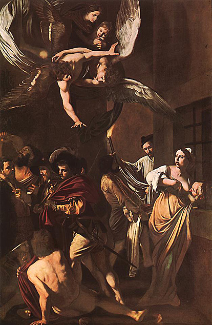 "From the fiefs of the Colonna family Caravaggio took refuge in Naples, in 1606. There he began to work again with his usual, astounding speed. Early in January 1607 he was paid for the immense altarpiece commissioned to him by the Pio Monte di Misericordia (where it may still be seen today). The painting shows the Seven Acts of Mercy. It is very complicated in its organization. Caravaggio actually had to add a series of figures (two angels and the Madonna and Child, the latter painted later) in the upper part of the painting, which make the composition of the picture the most complex, perhaps, in any of his works. Caravaggio did not paint exemplary episodes intended to stir the viewer to religious piety through the illustrative emphasis of gestures and feelings. Rather, he entrusted the educational effectiveness of his works to the evidence of things in themselves, in the conviction that nothing should be added above and beyond what is already contained in the intrinsic eloquence of the various poses."