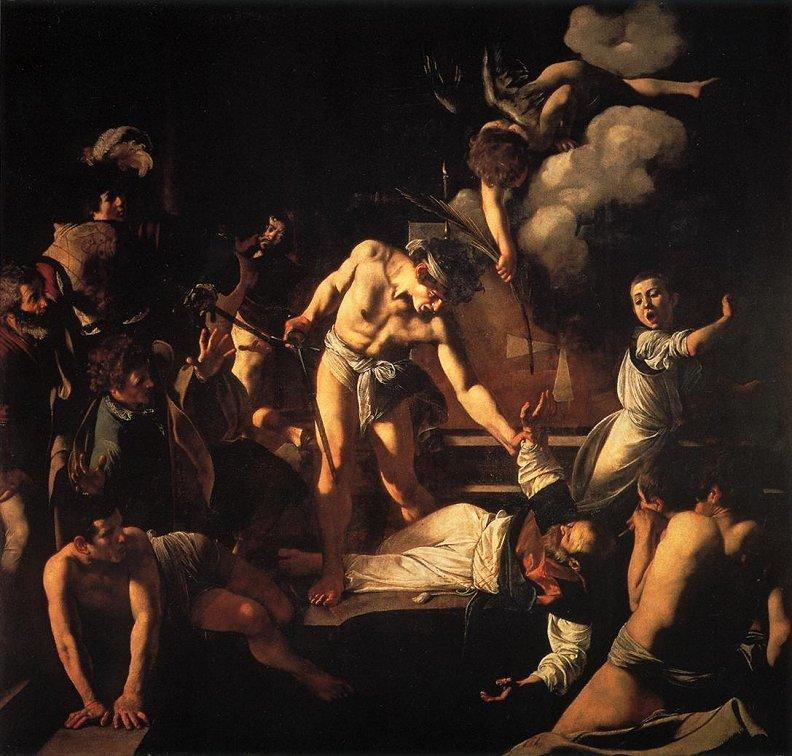The Martyrdom of Saint Matthew. "...caused Caravaggio considerable difficulty, as he had never painted so large a canvas, nor one with so many figures. X-rays reveal two separate attempts at the composition before the one we see today, with a general movement towards simplification through reduction in the number of figures, and reduction - ultimately elimination - of the architectural element.  The first version revealed by the x-rays is in the Mannerist style of the most admired artist in Rome at the time, Giuseppe Cesari, with a crowd of small figures amidst massive architecture. It must have seemed static and distanced. The second version turned to Raphael for a model, adding a crowd of onlookers displying fear and pity, including a woman who presumably represented the nun. This was in line with the crowded scene requested by Cardinal Contarelli and with the tenets of Mannerism, which demanded bodies and buildings defined by perspective and drawing, but Caravaggio had already developed a personal style in which bodies were defined by light and darkness and in which backgrounds were eliminated.  At this point Caravaggio left off the "Martydom" and turned his attention to the companion piece, the "Calling". This drew on his own earlier genre-pieces, "Cardsharps" and "The Fortune Teller", but writ large. Apparently re-inspired, or perhaps with renewed self-confidence, Caravaggio turned back to the "Martydom", but this time working in his own idiom. The third version dropped the architecture, reduced the number of actors, and moved the action closer to the viewer; more than this, it introduced the dramatic chiaroscuro which picks out the most important elements of the subject, in much the same way a spotlight picks out the action on a stage, but centuries before spotlights were imagined, and chose to represent the moment of greatest drama, as the murderer is about to plunge his sword into the fallen saint. This is the version we see today, the action caught at the moment of highest drama, the bystanders reduced to supporting roles by the sharply selective light, the whole giving the impression of a moment seen as if in a lightning flash."