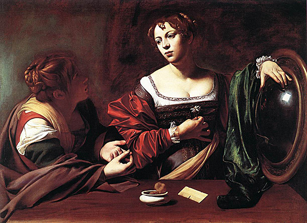 The Conversion of the Magdalene. 1598-99. "Martha and Mary was painted while Caravaggio was living in the palazzo of his patron, Cardinal Francesco Maria Del Monte. His paintings for Del Monte fall into two groups: the secular genre pieces such as The Musicians, The Lute Player, and Bacchus - all featuring boys and youths in somewhat claustrophobic interior scenes - and religious images such as Rest on the Flight into Egypt and Ecstasy of Saint Francis. Among the religious paintings was a group of four works featuring the same two female models, together or singly. The models were two well-known courtesans who frequented the palazzi of Del Monte and other wealthy and powerful art patrons, and their names were Anna Bianchini and Fillide Melandroni. Anna Bianchini appeared first as a solitary Mary Magdalene in the Penitent Magdalene of about 1597. Fillide Melandroni appeared in a secular Portrait of a Courtesan done the same year for Del Monte's friend and fellow art-lover, the banker Vincenzo Giustiniani. In 1598 Caravaggio painted Fillide again as Saint Catherine, capturing a beauty full of intelligence and spirit. In Martha and Mary the two are shown together, Fillide perfectly fitted to the role of Mary, Anna to the mousier but insistent presence as Martha."