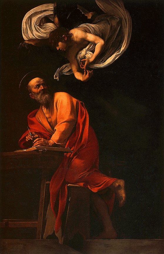 Saint matthew and the Angel. 1602. "The realism of the portrayal emphasises the harshness of the killing of the saint. The artist interprets with originality, the trend of the style of the Counter-reform, which insisted on the celebration of martyred saints. After having renounced the Sculptors' group of Jacob Cobaert {in the church of theTrinita dei PellegriniL the clergyman of San Luigi entrusted Caravaggio with the first version of the altar-piece with St. Matthew and the Angel, of doubtful date, wavering between 1593 and 1602. The work, quickly rejected because of the reduced size and for reasons of decorum, was acquired by the Marquis, Vincenzo Giustiniani (destroyed in Berlin during the last conflict) and substituted by the one which can now be seen on the altar, with the saint turned towards the angel and leaning with his legs on the stool precariously balanced on the steps."