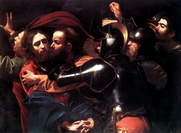 caravaggio40 The Taking of Christ. "In this picture, he main figures of Jesus and Judas are pushed to the left, so that the right-hand half of the picture is left to the soldiers, whose suits of armor absorb what little light there is, and whose faces are the most part hidden. At the right of the picture, an unhelmeted head emerges from the surrounding darkness. This is often regarded as the artist's self-portrait. Caravaggio has also concerned himself here with the act of seeing as one of a painter's task. The three men on the right are there mainly to intensify the visual core of the painting, underscored by the lantern. On the left, the tactile aspect is not forgotten. Judas vigorously embraces his master, whilst a heavily mailed arm reaches above him towards Christ's throat. Christ, however, crosses his hands, which he holds out well in front of him, whilst St John flees shrieking into the deep night. His red cloak is torn from his shoulder. As it flaps open it binds the faces of Christ and Judas together&emdash;a deliberate touch on the artist's part. This painting was known only by copies until the original was discovered in a Jesuit rectory in Ireland. It was brought to Boston College for its first American showing several years ago."