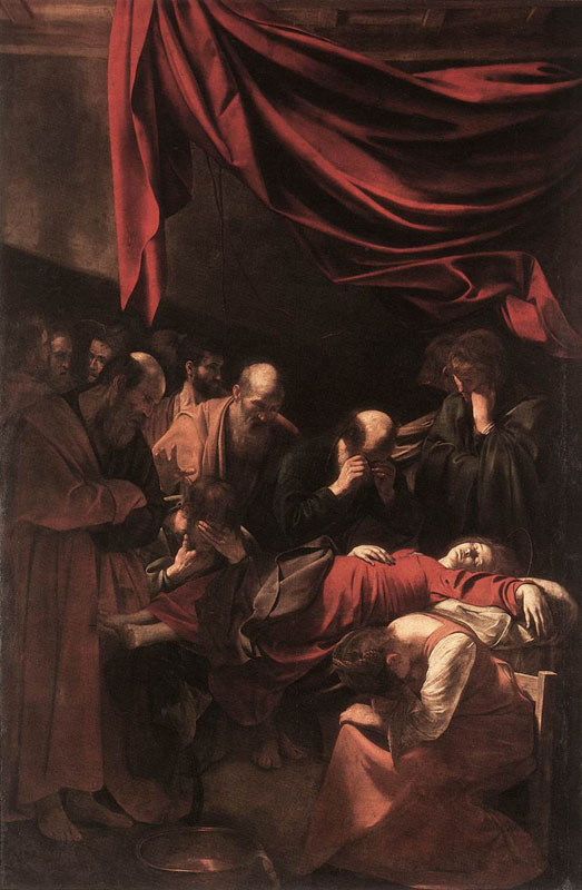caravaggio41 Death of the Virgin. " ...and the Death of the Virgin. The history of these last two paintings illustrate the reception given to some of Caravaggio's art, and the times in which he lived. The Grooms' Madonna, also known as Madonna dei palafrenieri, painted for a small altar in Saint Peter's Basilica in Rome, remained there for just two days, and was then taken off. A cardinal's secretary wrote: "In this painting there are but vulgarity, sacrilege, impiousness and disgust...One would say it is a work made by a painter that can paint well, but of a dark spirit, and who has been for a lot of time far from God, from His adoration, and from any good thought..." The Death of the Virgin, then, commissioned in 1601 by a wealthy jurist for his private chapel in the new Carmelite church of Santa Maria della Scala, was rejected by the Carmelites in 1606. Caravaggio's contemporary Giulio Mancini records that it was rejected because Caravaggio had used a well-known prostitute as his model for the Virgin; Giovanni Baglione, another contemporary, tells us it was due to Mary's bare legs —a matter of decorum in either case. Caravaggio scholar John Gash suggests that the problem for the Carmelites may have been theological rather than aesthetic, in that Caravaggio's version fails to assert the doctrine of the Assumption of Mary, the idea that the Mother of God did not die in any ordinary sense but was assumed into Heaven. The replacement altarpiece commissioned (from one of Caravaggio's most able followers, Carlo Saraceni), showed the Virgin not dead, as Caravaggio had painted her, but seated and dying; and even this was rejected, and replaced with a work which showed the Virgin not dying, but ascending into Heaven with choirs of angels. In any case, the rejection did not mean that Caravaggio or his paintings were out of favour. The Death of the Virgin was no sooner taken out of the church than it was purchased by the Duke of Mantua, on the advice of Rubens, and later acquired by Charles I of England before entering the French royal collection in 1671. "