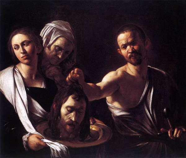 Salome With the head of Saint John. "The subject is from the New Testament (Mark 6). Salome had danced so well for King Herod that he swore he would grant her any request. Her mother, Herodias, who sought revenge on John the Baptist, persuaded Salome to ask for his head. The old woman behind Salome may be Herodias.  This is a late work by the artist, painted in the last three years of his life, perhaps in Naples where he resided from 1609 to 1610. No longer concerned with the incidentals of the narrative, Caravaggio focuses on the essential human tragedy of the story."