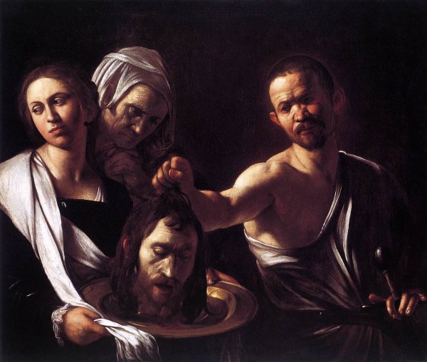 caravaggio42 Salome With the head of Saint John. "The subject is from the New Testament (Mark 6). Salome had danced so well for King Herod that he swore he would grant her any request. Her mother, Herodias, who sought revenge on John the Baptist, persuaded Salome to ask for his head. The old woman behind Salome may be Herodias. This is a late work by the artist, painted in the last three years of his life, perhaps in Naples where he resided from 1609 to 1610. No longer concerned with the incidentals of the narrative, Caravaggio focuses on the essential human tragedy of the story."