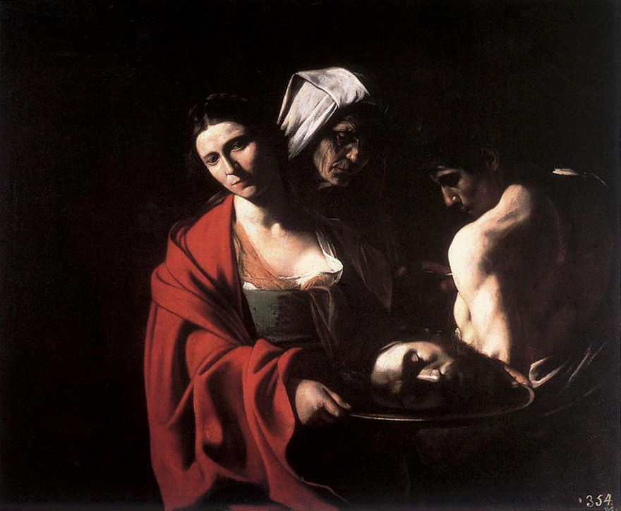 "Salome receives the Head of Saint John (1606-7) depicts another of Caravaggio’s self-portraits, this time as the severed head of St. John the Baptist. The sensuous severed head has a lingering and luminous iridescence as if lit from within, giving an auratic alteric glow of still being alive and not quite dead - too much for Salome to gaze upon, so she looks blankly at the viewer with an abject bored dullness. The three figures radiate their sublime alienation, absolutely cut off from one another severed by shadows. This is an enigmatic image: the severed head seems to have a life of its own."