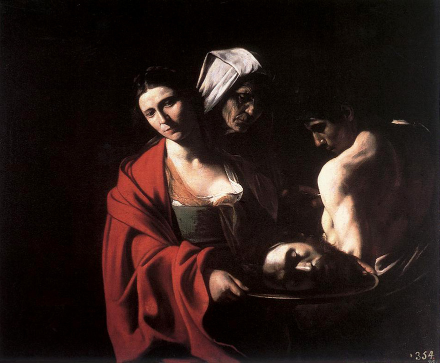 caravaggio43 "Salome receives the Head of Saint John (1606-7) depicts another of Caravaggio’s self-portraits, this time as the severed head of St. John the Baptist. The sensuous severed head has a lingering and luminous iridescence as if lit from within, giving an auratic alteric glow of still being alive and not quite dead - too much for Salome to gaze upon, so she looks blankly at the viewer with an abject bored dullness. The three figures radiate their sublime alienation, absolutely cut off from one another severed by shadows. This is an enigmatic image: the severed head seems to have a life of its own."