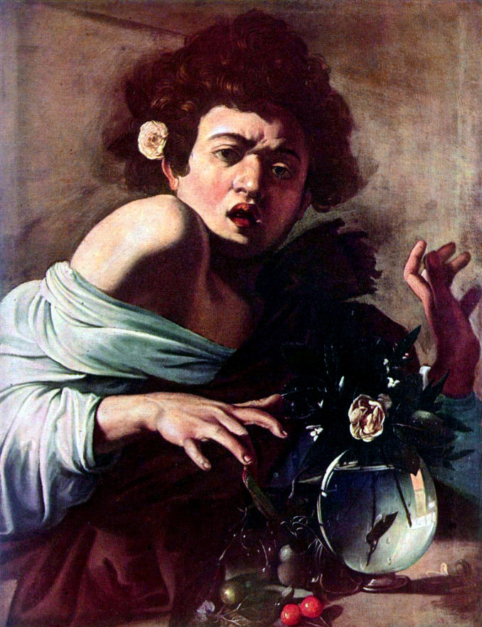"We see the depiction of a boy's startling discovery of a lizard hidden among the fruits, which has fastened upon the boy's finger. Although the situation cannot be called humorous it is certainly ludicrous, even ambiguous, revealing a handsome youth, a rose behind one ear, squeamishly repelled by so harmless an animal as a lizard! But petty as this situation is in reality, it takes on an overwhelming force through its intensification by the closely restrictive frame of the bodily and spiritual commotion; it is a piece of trickery suggestive of the close-up device in moving pictures, which succeeds in turning an absurd drama into something convincingly shocking."