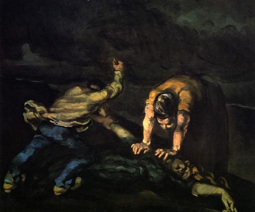 "In Cézanne’s The Murder (1868), the artist unites a gloomy and deserted landscape with the violence of a woman being murdered, with her outstretched arms making her appear like a Christ figure. This vicious crime includes an anonymous man forcefully stabbing a female victim, held down by his female accomplice. According to a childhood friend of Cézanne’s, this picture illustrates such intense rage that it seems as though Cézanne was seeking vengeance against women due to his intense desire for them yet inability to deal with them"