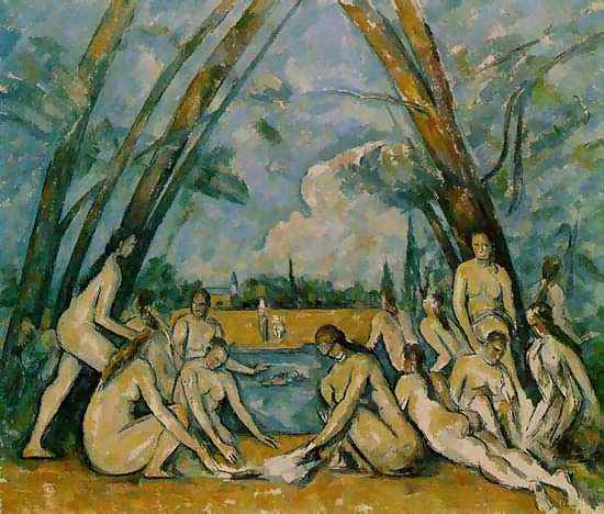 Cezanne. The Great Bathers. 1898-1905. In this picture, Cezanne completely integrated human form and landscape: the delicately colored nudes are as rooted as the trees that soar above.