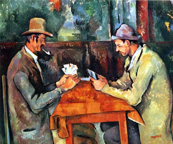 Cezanne. The Card Players. 1892. "The abstract side of Cézanne's art has always been given due weight. It was amusingly emphasized by Ambroise Vollard who, after sitting many times for his portrait, asked how it was getting on. Cézanne's reply: "I am not displeased with the shirt-front" seemed to suggest that the human element did not enter into his calculations, that he was simply concerned with planes and gradations of color. On the other hand, his several self-portraits give a remarkable sense of character and towards 1890 there are other signs of his interest in the aspect of human beings, as for example the five versions of 'The Card Players' produced during this period at Aix. The Louvre version, reproduced here, with two players (and a bottle between them to mark the center of the symmetrically balanced composition) could be looked on in the abstract as a magnificent rendering of solid forms, given their appearance of structure by the gradated areas of the thinly applied color. But the fact remains that these are not abstractions but peasant card players in his native Provence. "