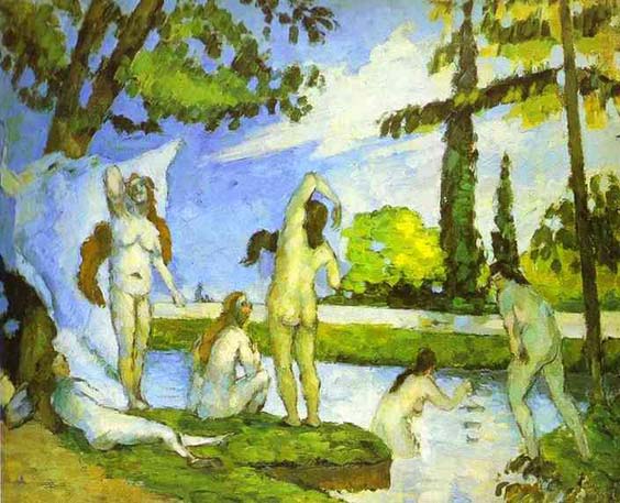 Six Women bathing. 1874. "Bathers were another of Cézanne's themes. Women bathers are usually presented in large pyramidal groups, overlapping, mostly with their backs to the viewer. His men generally face forward, almost in a frieze. They are individuals in the same scenery, neither interacting nor overlapping. There is no eye contact between any of them. Cézanne's only real passion was his art, but that passion was never revealed on the canvas itself."