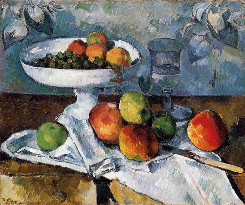 The fresh colors and apparently spontaneous brushwork of the Apples still lifes such as above from 1880 , belies the long, painstaking effort behind the artist's work. What occupied him endlessly was the careful modulation of color to create form. Discarding traditional methods of linear perspective, Cezanne wanted us to perceive the flat picture plane- the actual paint on the two dimensional surface.