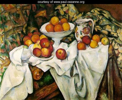 Cezanne. Apples and Oranges. 1895-1900. The objects seem simultaneously near and far, producing a "flat depth"
