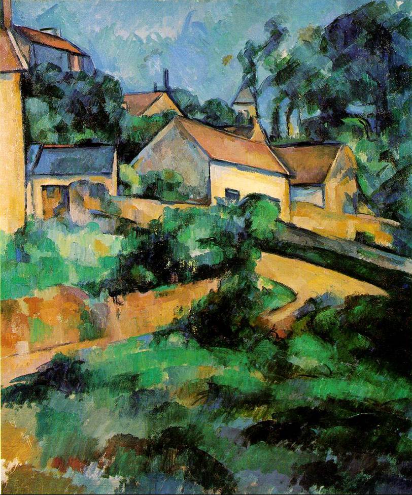 Turning Road at Montgerault."Even as we see the three zones of space in relation to each other, the painting seems oddly flat, as if the sky were pulled forward and the foreground were pushed back. Of course we still see the illusion, but even as we see the space that Cézanne's line insists upon, the painting looks too much like three flat planes resting atop each other and the painting begins to remind us that it is, in fact, a vertical curtain.   There are two means by which Cézanne has sabotaged the space of this canvas (unfortunately the effect is muted in reproduction and even more so on the computer screen--so trust me on this). The first is brushwork. In an Old Master landscape, the greatest detail and the most delicate brushwork exist in the foreground. The movements of the brush get broader and more generalized as space moves back. Here, however, the artist has treated the entire canvas with a consistent level of clarity, or lack there of, leveling the sense of near and far.   Secondly, Cézanne has understood the potential of color, as opposed to chiaroscuro and linear perspective to structure or destablize space. Have you noticed that in the middle of the sky, just to the left of the church steeple and the tree, there is a small smudge of brown paint. It is the same ocher used to render the shadows in the road and on the roofs. What is this?! Have you ever seen a dense brown smudge just floating in the sky? "