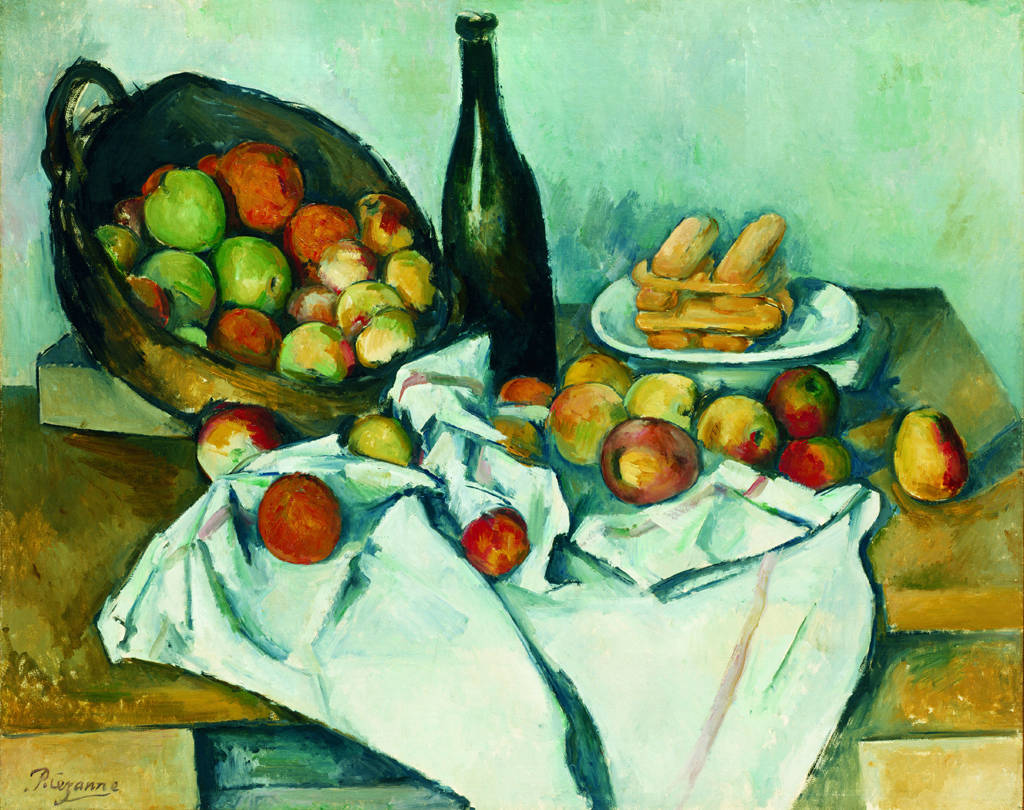 Cezanne. Basket of Apples. 1893."So why would Cézanne turn so often to this discredited subject? Actually, it was the very fact that still life was so neglected that seems to have attracted Cézanne to it. So outmoded was the iconography (symbolic forms and references) in still life that this rather hopeless subject was freed of virtually all convention. Here was a subject that offered extraordinary freedom, a blank slate that gave Cézanne the opportunity to invent meaning unfettered by tradition. By the way, Cézanne would almost single-handedly revive the subject of still life and he made it an important subject for Picasso, Matisse, and others in the 20th century.  The image above looks simple enough, a wine bottle, a basket of fruit tipped up to expose a bounty of fruit inside, a plate of what are perhaps stacked cookies or rolls, and a tablecloth both gathered and draped. Nothing remarkable, at least not until one begins to notice the odd errors in drawing. Look, for instance, at the lines that represent the close and far edge of the table. I remember an old student of mine, in a class several years back, looking at this a shouting out, "I would never hire him as a carpenter!" What she had noticed was the odd stepping of a line that we expect to be straight. ..."