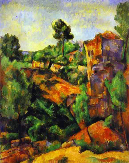 Canyon of Bibemus. 1898."Cézanne understood that a painting could not really do its subject justice. He knew that colors in nature and their combination with natural light could never be truly reproduced. He saw himself as an interpreter who had to accept the limitations of the medium and tried to transfer the images onto canvas the best way he could. He attempted to bridge the natural and artistic worlds. Hence Cézanne's works, in comparison with the paintings of many other Impressionists, only make sense as a whole, not in snippets, as the brush strokes and colors are meant to be interdependent on one another. This is especially true for pictures painted in the latter part of his career, when he used color in short strokes or in almost mosaic patches, all of equal intensity, throughout an entire painting. In his striving for perfection, this meant retouching the entire picture to recreate the all-important harmony."