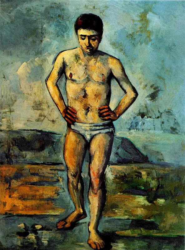 "Cézanne’s The Bather (1885-87) poses a central male bather with his hands placed upon his waist and his head angled downwards towards the ground. Even though this figure merges better with the surrounding landscape than the previously discussed bather due to Cézanne’s adept use of color, this male bather appears disconnected and oblivious to the world that surrounds him. This pensive bather lost in inner thought displays a dichotomous body posture that may reflect his underlying internal conflict: his upper body appears frail and vulnerable while his lower body seems sturdy and powerful "