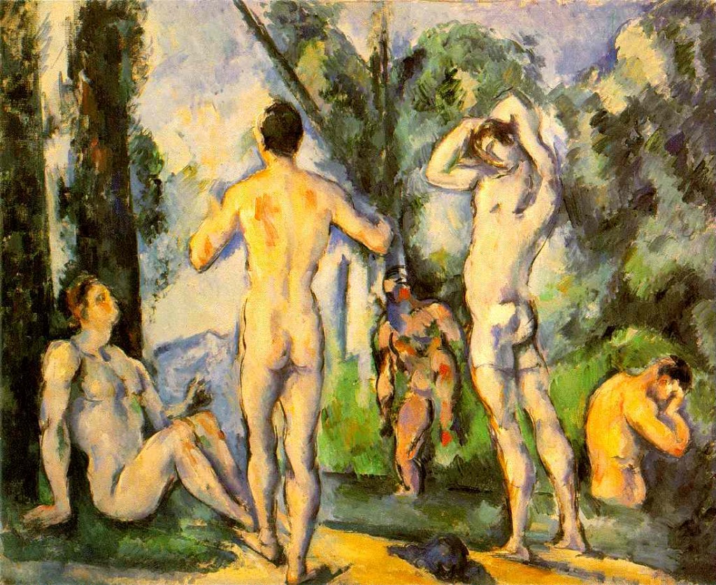 "Women bathers are usually presented in large pyramidal groups, overlapping, mostly with their backs to the viewer. His men generally face forward, almost in a frieze. They are individuals in the same scenery, neither interacting nor overlapping. There is no eye contact between any of them. "Bathers  c. 1890-91 (130 Kb); Oil on canvas, 54.2 x 66.5 cm (21 3/8 x 26 1/8 in); The Hermitage, St. Petersburg  No. 3KP 536. Formerly collection Otto Krebs, Holzdorf 