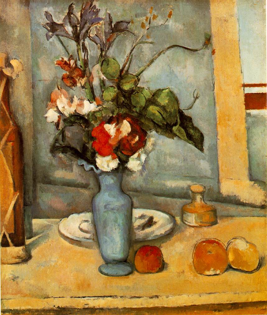 "The Blue Vase" is a rendering of simple objects in an ordinary setting, which Cezanne painted in the 1880's. In such exquisitely balanced compositions Cezanne's concern with the forms of the natural world emerged and changed the course of modern art.