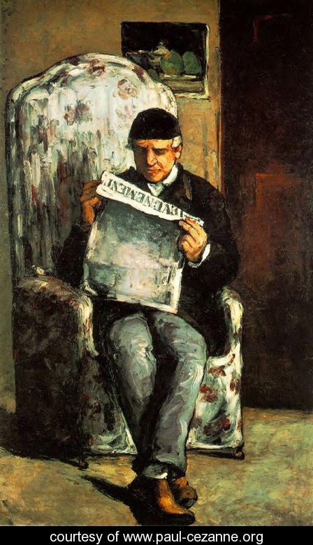 Cezanne portrayed his father reading in the living room of his mansion. The portrait's somber tones were characteristic of Cezanne's early work. 1868-1870.