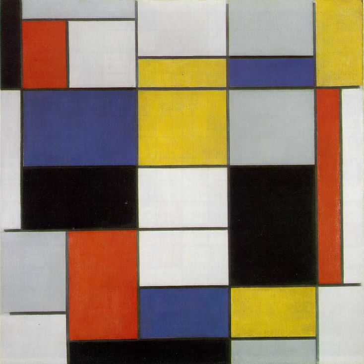"He rejected all sensuous qualities of texture, surface, and color, reducing his palette to flat primary colors. His belief that a canvas�a plane surface�should contain only planar elements led to his abolition of all curved lines in favor of straight lines and right angles. His masterly application of these theories led to such works as Composition with Red, Yellow, and Blue (1942, 39x35cm), in which the painting, composed solely of a few black lines and well-balanced blocks of color, creates a monumental effect out of all proportion to its carefully limited means. "