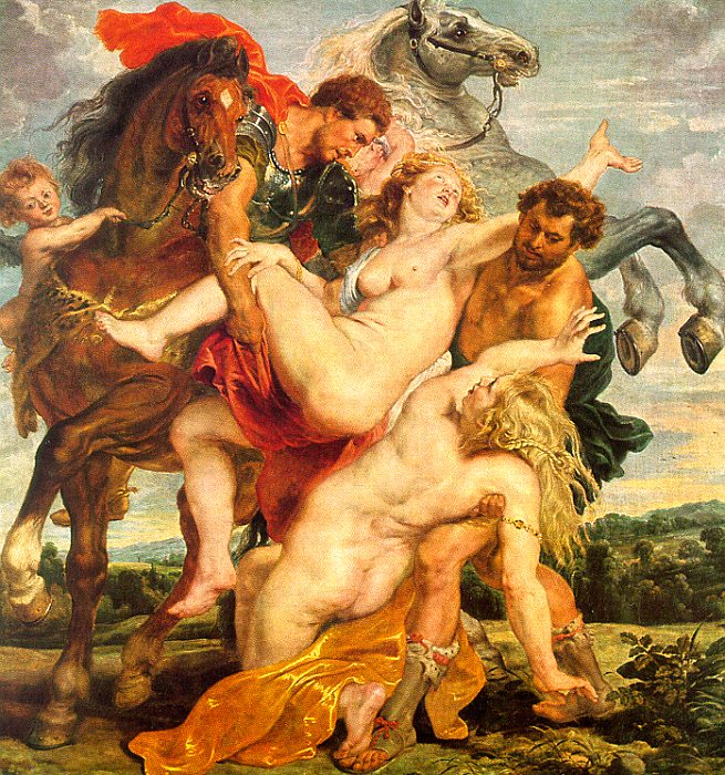 rubens37 " Rubens's Rape of the Daughters of Leucippus confronts its viewers with an interpretative dilemna. Painted about 1615 to 1618, the life-size composition illustrates the story recounted by Theocritus and Ovid of how the twin brothers Castor and Pollux (called the Dioscuri) forcibly abducted and later married the daughters of King Leucippus. Rubens's depiction of the abduction is marked by some striking ambiguities: an equivocation between violence and solicitude in the demeanor of the brothers, and an equivocation between resistance and gratification in the response of the sisters. The spirited ebullience and sensual appeal of the group work to override our darker reflections about the coercive nature of the abduction. For these reasons many viewers have wanted to discount the predatory violence of the brothers' act and to interpret the painting in a benign spirit, perhaps as a Neoplatonic allegory of the progress of the soul toward heaven, or as an allegory of marriage. Although I agree that a reference to marriage may be at play here, I also believe that any interpretation of the painting is inadequate that does not attempt to come to terms with it as a celebratory depiction of sexual violence and the forcible subjugation of women by men...."