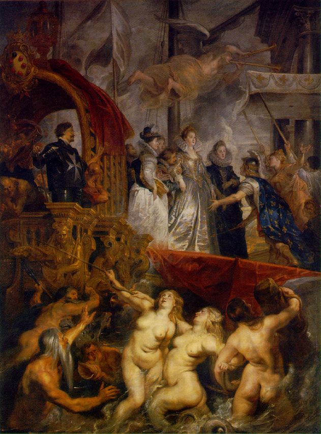 rubens42 The Arrival of Marie de Medicis at Marseilles. 1623-25. Married by proxy, Marie de Medicis, having sailed to france to meet her bridegroom, Henry IV,encounters joyful committee of gods,goddesses, and sea crarures who welcome her to port at Marseilles. The mermaids, their abundant forms twisting and turing with super-human energy, virtually soar out of the sea toward the future queen.