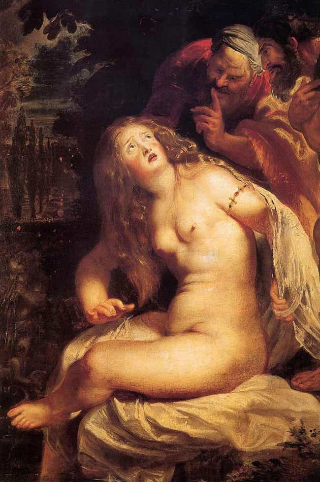 rubens44 "This is the first painting Rubens makes on the subject of Susanna. The elders spy on Susanna taking a bath, and are taken with her charms. They approach her. When she rejects their approaches, they accuse her of adultery. Only by Daniel’s intervention is her death by stoning prevented."