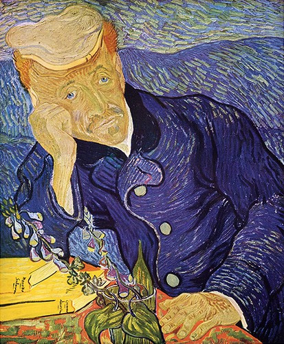 "Gachet seems sad in the portrait, leaning on his hand with a melancholy expression. It is said that the foxglove plant in Gachet’s hand suggests he was treating Vincent with the plant’s derivative digitalis. This drug is known to cause “yellow vision” linking the plant and drug as having a direct effect on van Gogh’s work, namely the sunflower series."
